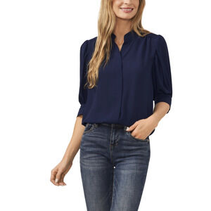 CeCe Women 3/4-Sleeve Collared Button Down Top Classic Navy Size L